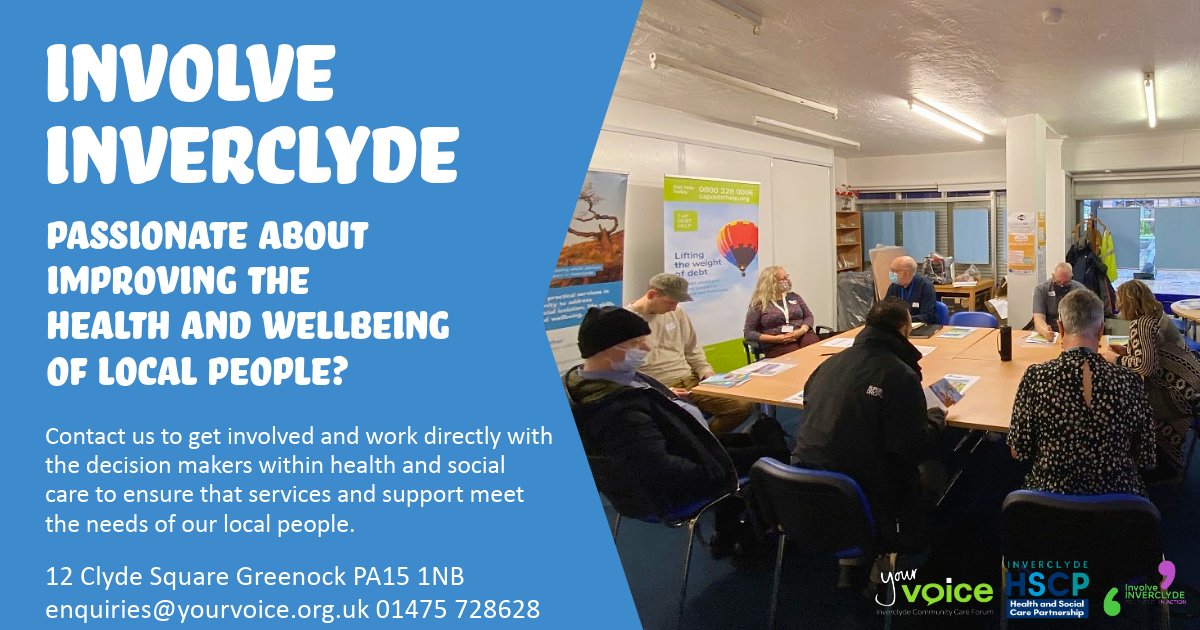 By joining the Involve Inverclyde Network, you can work with decision makers to enable people to live healthy and fulfilling lives.

Get in touch today by emailing enquiries@yourvoice.org.uk and have your voice heard!

yourvoice.org.uk/involve-inverc…

#inverclyde