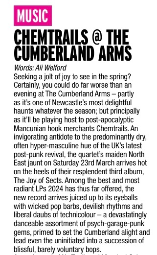 Thanks to @narc_magazine for previewing our next night at @thecumby with @chemtrails_band, @fashiontipsband and @marginal__gains next Saturday! Expecting a busy one, so grab your tickets while you can… EVENT: facebook.com/events/8654531… TICKETS: wegottickets.com/event/599180/