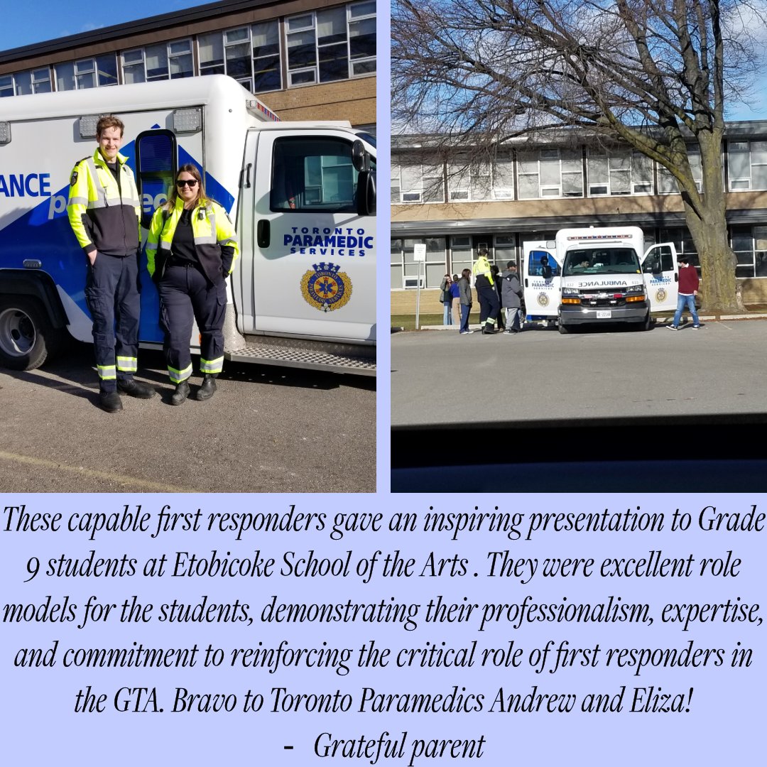 Primary Care Paramedics Andrew and Eliza recently visited a school in Etobicoke to discuss all things #TorontoParamedicServices. Afterwards, they received this kind message of appreciation for the visit. Kudos for a job well done!