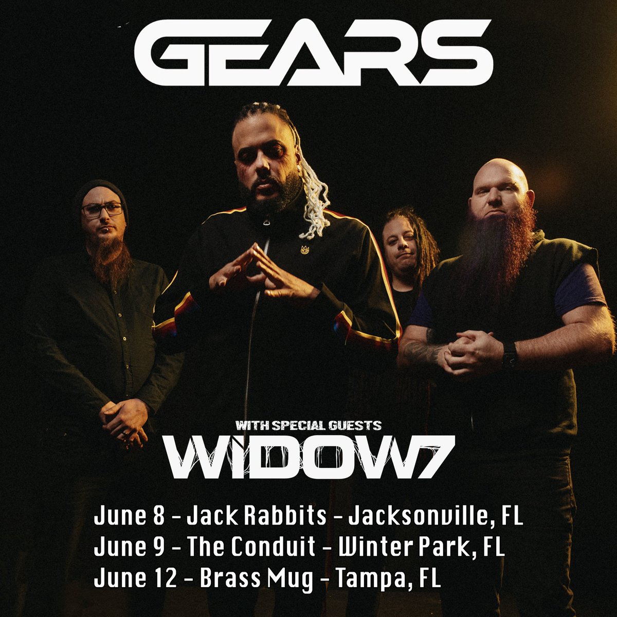‼️ Show Announcement ‼️ FLORIDA 🌴 We are ready to rock with you this June alongside our new friends in @widow7official! These dates are just the beginning, more coming soon. Where will we see you? #gearsbandofficial #calientecore #showannouncement #florida #widow7official