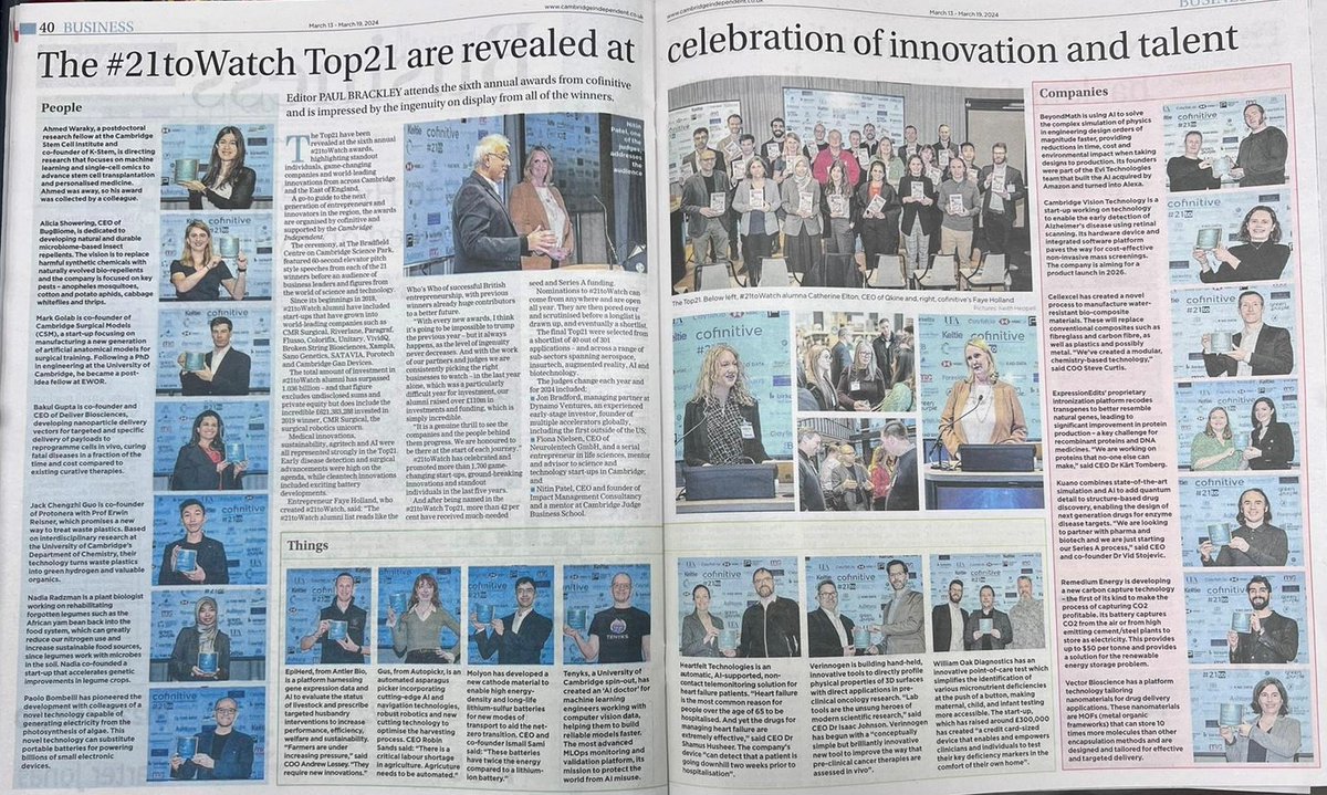 Our #21toWatch Top21.2024 announcement is in this week's edition of @Cambridgeindy. What a fabulous double page spread! Make sure you pick up your copy. Thank you to @paulbrackleyci