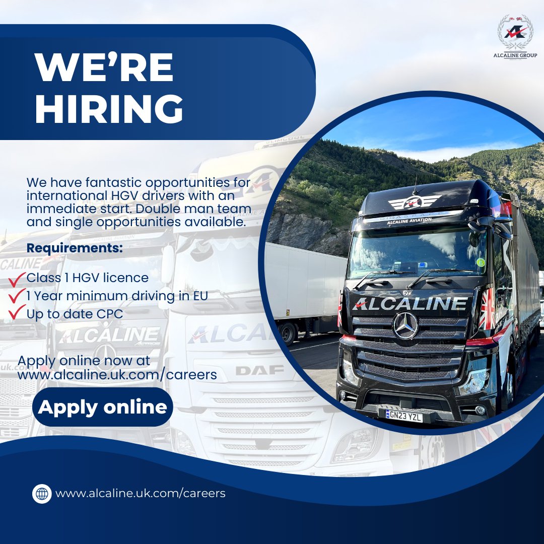 More exciting opportunities still available at Alcaline Uk 🚚
Apply online now or email us at cv@alcaline.com for more details