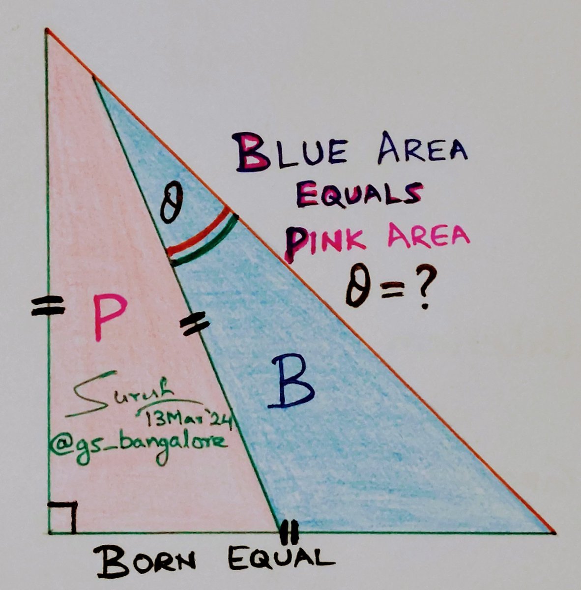 Born Equal

Right-angled isoceles and side-length bisecting the area. Angle theta = ?

#triangle #geometry #geometrique #angle #equal #area #trigonometry #puzzle #thinking #logic #reasoning #today #mathteachers #math #teacher #mathematics #Algebra #highschool #students #learning