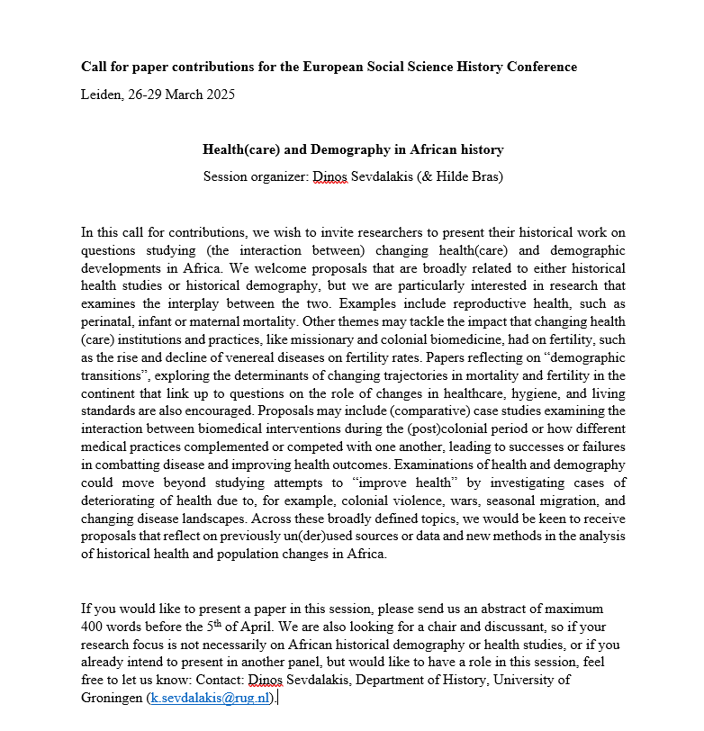CfP for a session on 'Health(care) and demography in African history' at the @ESSHC2025 in Leiden. Thanks for sending your abstract to @DinosSevdalakis or further spreading this call!