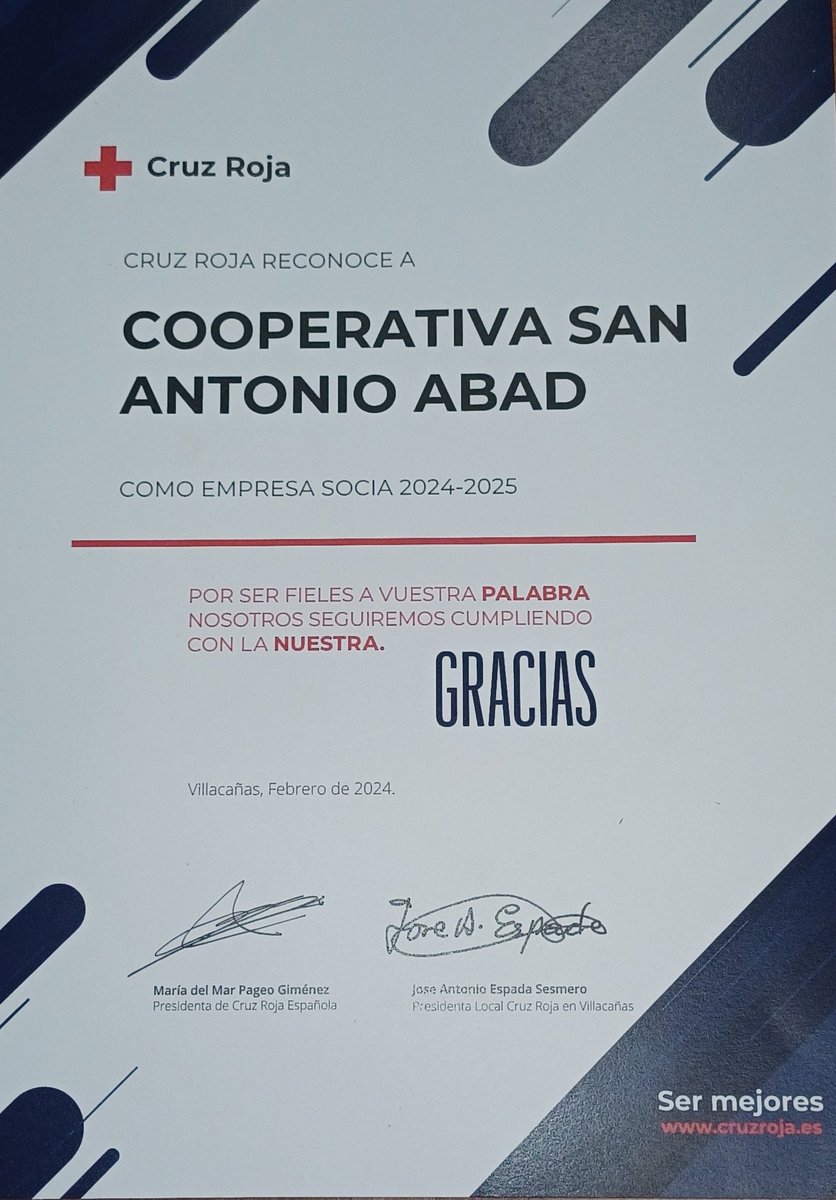 Es un orgullo para los socios y trabajadores que componemos Bodegas San Antonio Abad recibir este reconocimiento que nos otorga Cruz Roja por nuestra labor social.  Aprovechamos la ocasión para agradecer a todo el equipo humano que compone Cruz Roja Villacañas por su labor.
