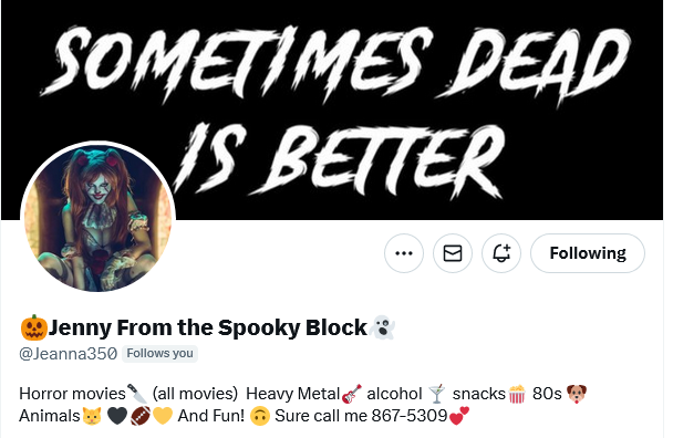 What do these accounts all have in common? 
They are 4 of the Very Best Accounts here on X. 
If you're not following them you're missing out on pure awesomeness. 
Give a Follow 
<a href="/foreverRaven99/">🖤😈🖤✌️𝕁𝕒𝕪 ✌️🖤🕷🖤</a> <a href="/GamerJohn85/">Horror and Gaming</a> <a href="/GRCinemaTicket/">GR44</a> <a href="/Jeanna350/">🎃Jenny From the Spooky Block👻</a>