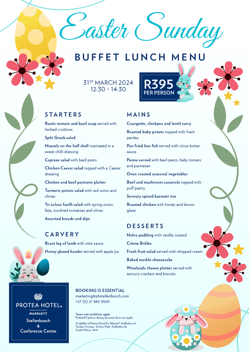Fill yourself with good food and family cheer on Easter Sunday at Protea Hotel Stellenbosch. Booking is essential. 👉 marketing@phstellenbosch.com

- Buffet Lunch
- R395/p.p
- 31 March 2024
- 12h30-14h30

#technopark #stellenbosch #easter #easterlunch