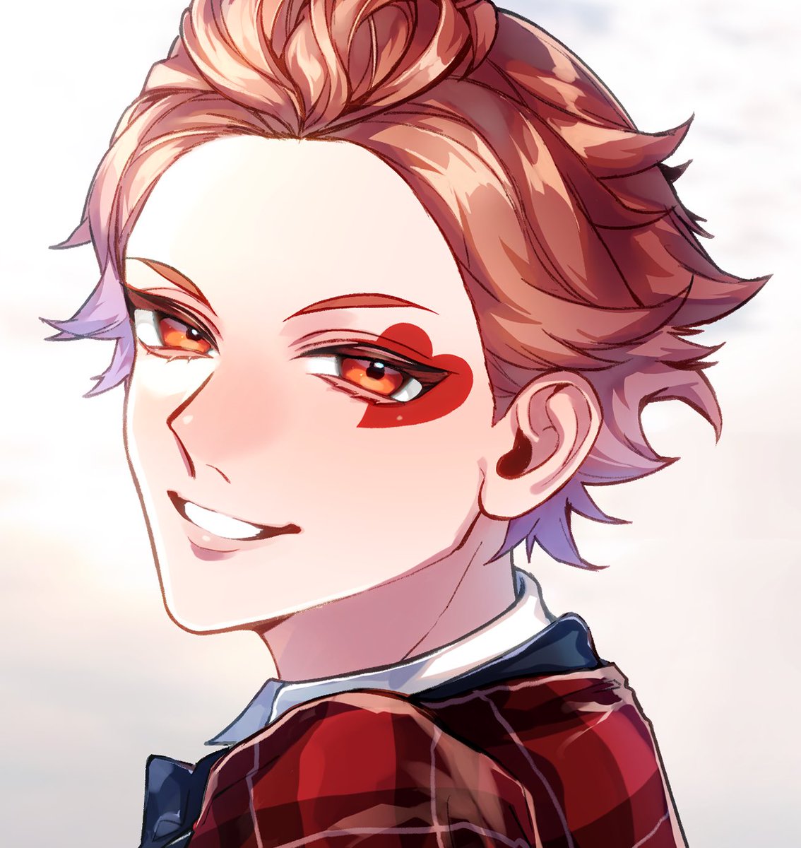 1boy male focus solo smile looking at viewer shirt red eyes  illustration images