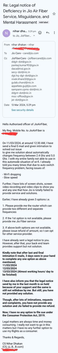 After so many intimations, requests and complaints @reliancejio failed to provide me solution. #jio is also failed to provide me refund. I have decided to take legal action under the Consumer Forum. @JioCare @jagograhakjago @PiyushGoyal @PiyushGoyalOffc #JioAirFiber.