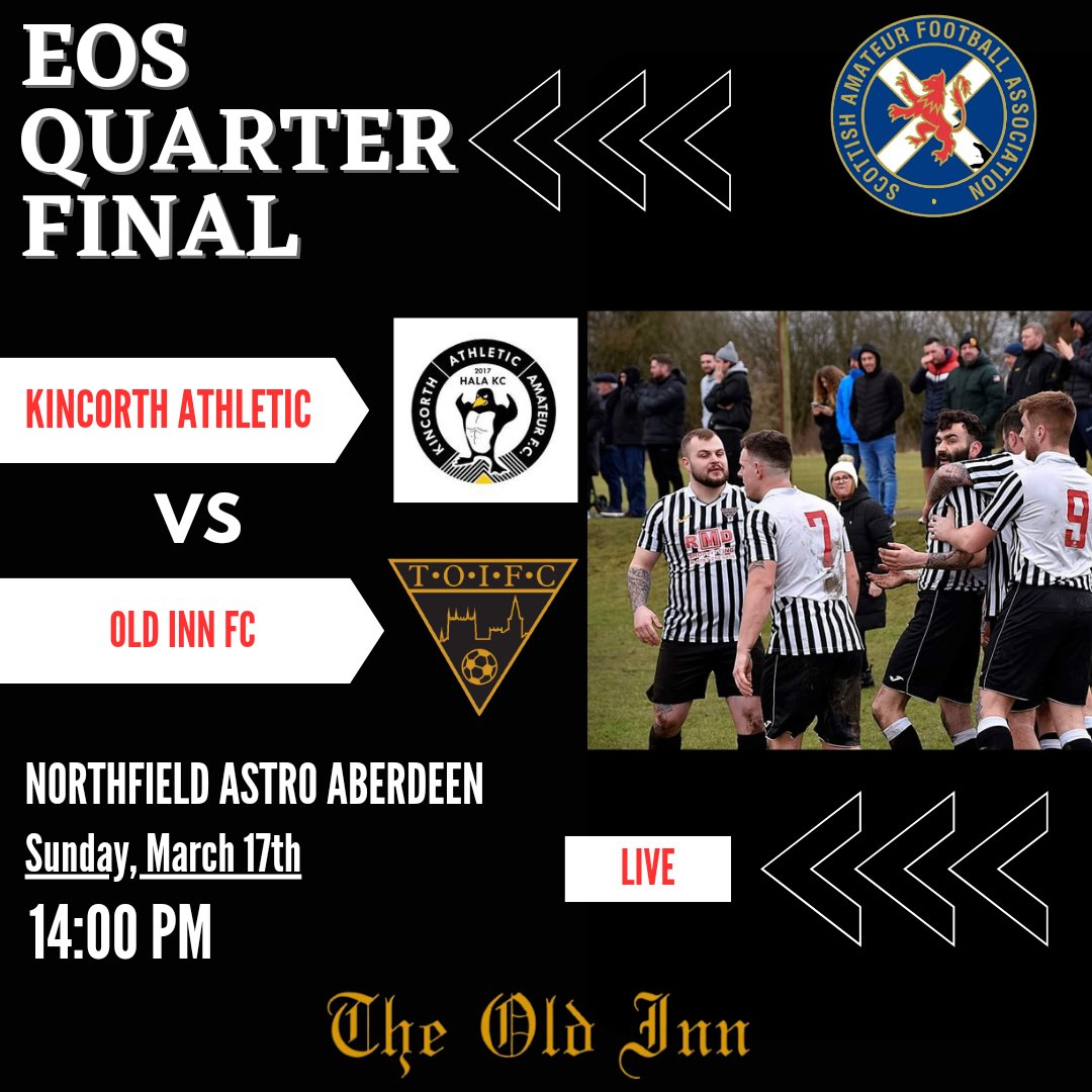 Oldinnfc's tweet image. ⚽️EOS QUARTER FINAL⚽️

This Sunday the lads travel up to Aberdeen to face Kincorth Athletic in the quarter final of the eos.

We still have some spaces on the bus if you'd like to join us?

Come on The Old Inn Fc!⚽️🤍🖤
@ScotAmFAEastS