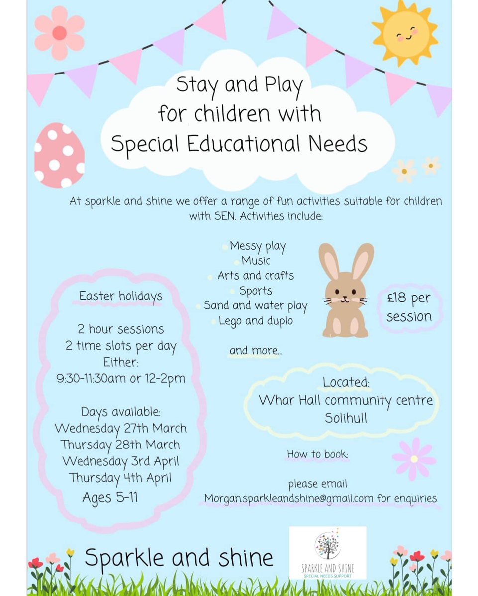 My fabulous sister still has spaces for her ‘Stay and Play’ for children with Special Educational Needs. Contact: Morgan.sparkleandshine@gmail.com

#SpecialEducation #SEN #SENSolihull #stayandplaysolihull #solihull #solihullSENsupport #SENsupport #childcaresolihull