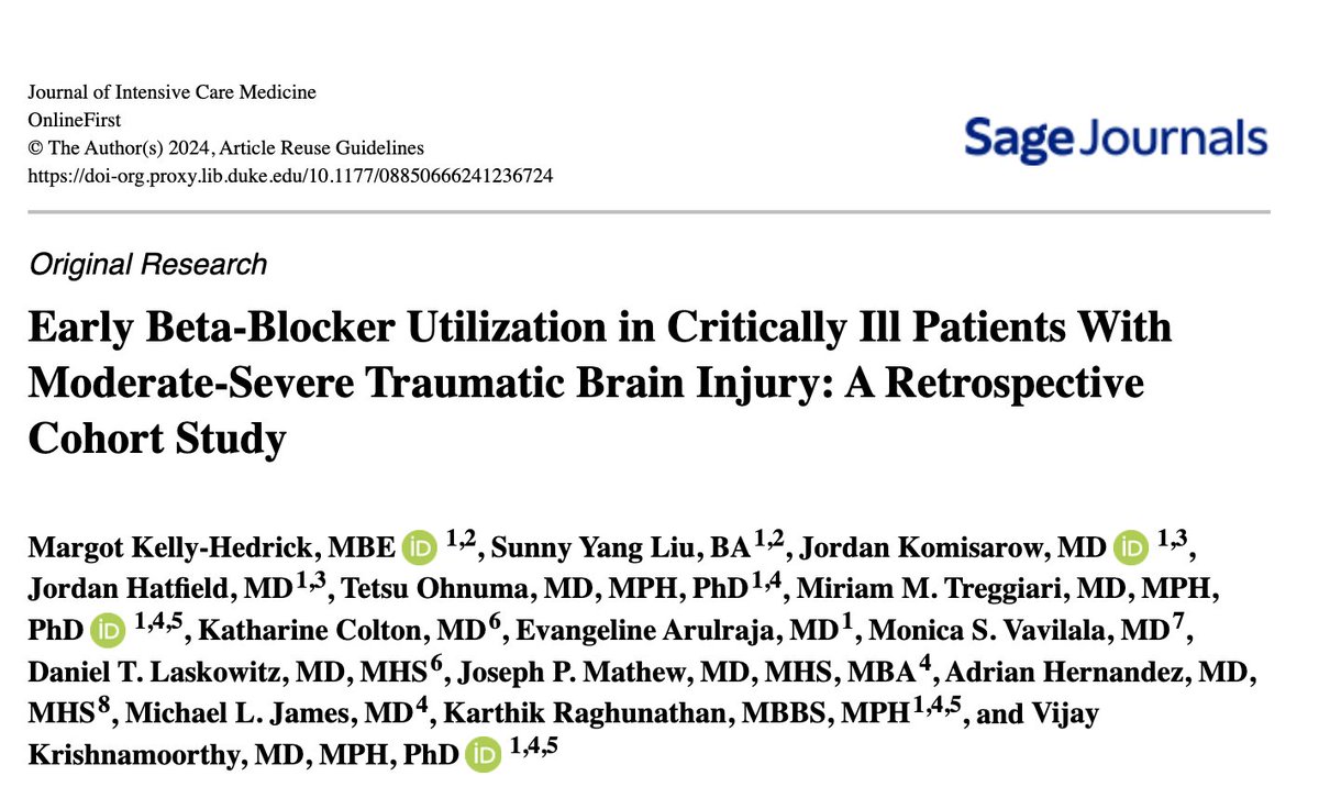 latest from the team! there's some evidence that beta blockers improve mortality following TBI but not much 'real world' data we looked at >100K patients in Premier database & 39% got BB w/i 2 days of TBI no assoc w/ mortality & ? worse clinical outcomes bit.ly/4cgEJM2