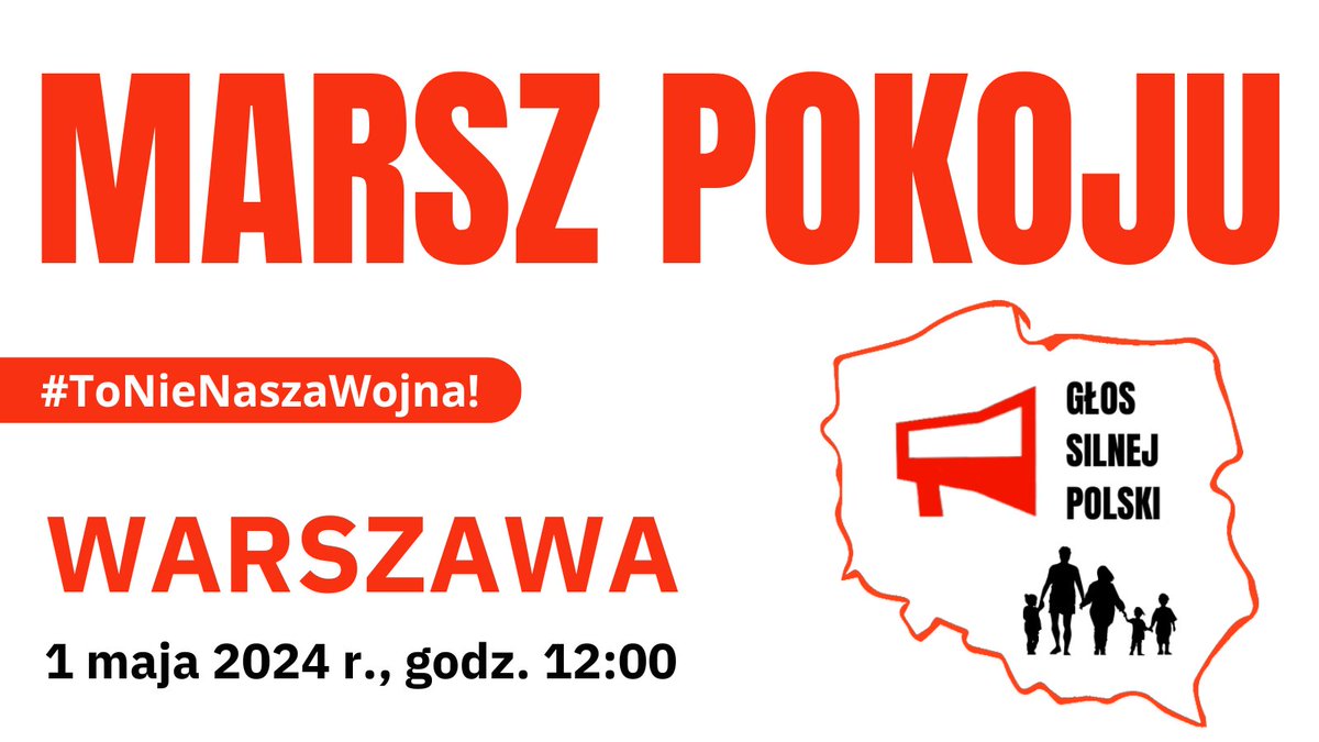 Już 1 maja 2024 r. zapraszamy jako koalicja #GłosSilnejPolski na #MarszPokoju do #Warszawa. Pokażmy decydentom, że nie ma zgody narodu polskiego na wpychanie naszej Ojczyzny do wojny.
Proszę rezerwować sobie czas i przygotowywać transparenty antywojenne. Szczegóły w kwietniu.