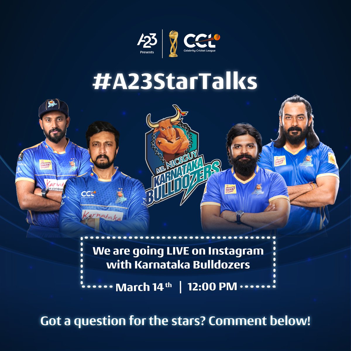 #Karnataka, it's your time to engage with the superstars! #A23StarTalks, in association with CCL and the Karnataka Bulldozers team, brings you a LIVE Q&A session. Drop your questions in the comments below and brace yourself for some exciting answers! Let's play together!