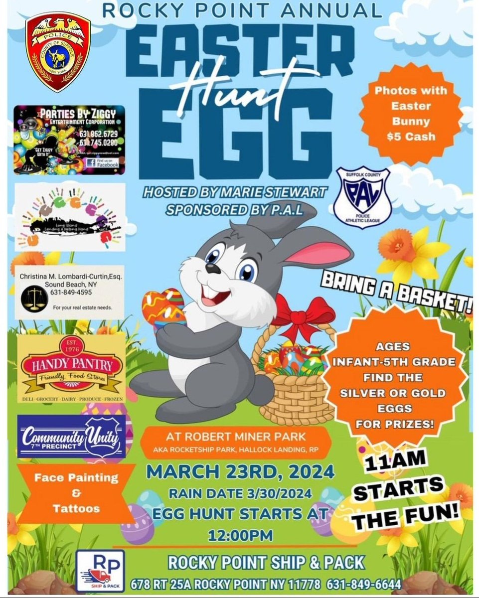 Join PAL and CRB Officers at the Rocky Point Easter Egg Hunt on March 23rd! 🐣 🐰 🥚 
#easteregghunt #copsnkids #WeArePAL #rockypointny