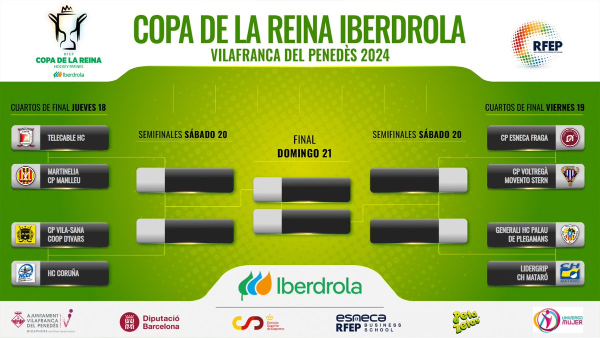 @iberdrola 🔥 Ya tenemos definidos los cruces de cuartos de final de la Copa de la Reina @iberdrola 📊 Cuartos de Final: 🆚 @gijonhc - @cpmanlleu (Jueves) 🆚 @hoquei_vilasana - @CorunaFeminino (Jueves) 🆚 @clubpatinfraga - @cpvoltrega (Viernes) 🆚 @hcpalau - @CHMataro (Viernes) #CopaOK
