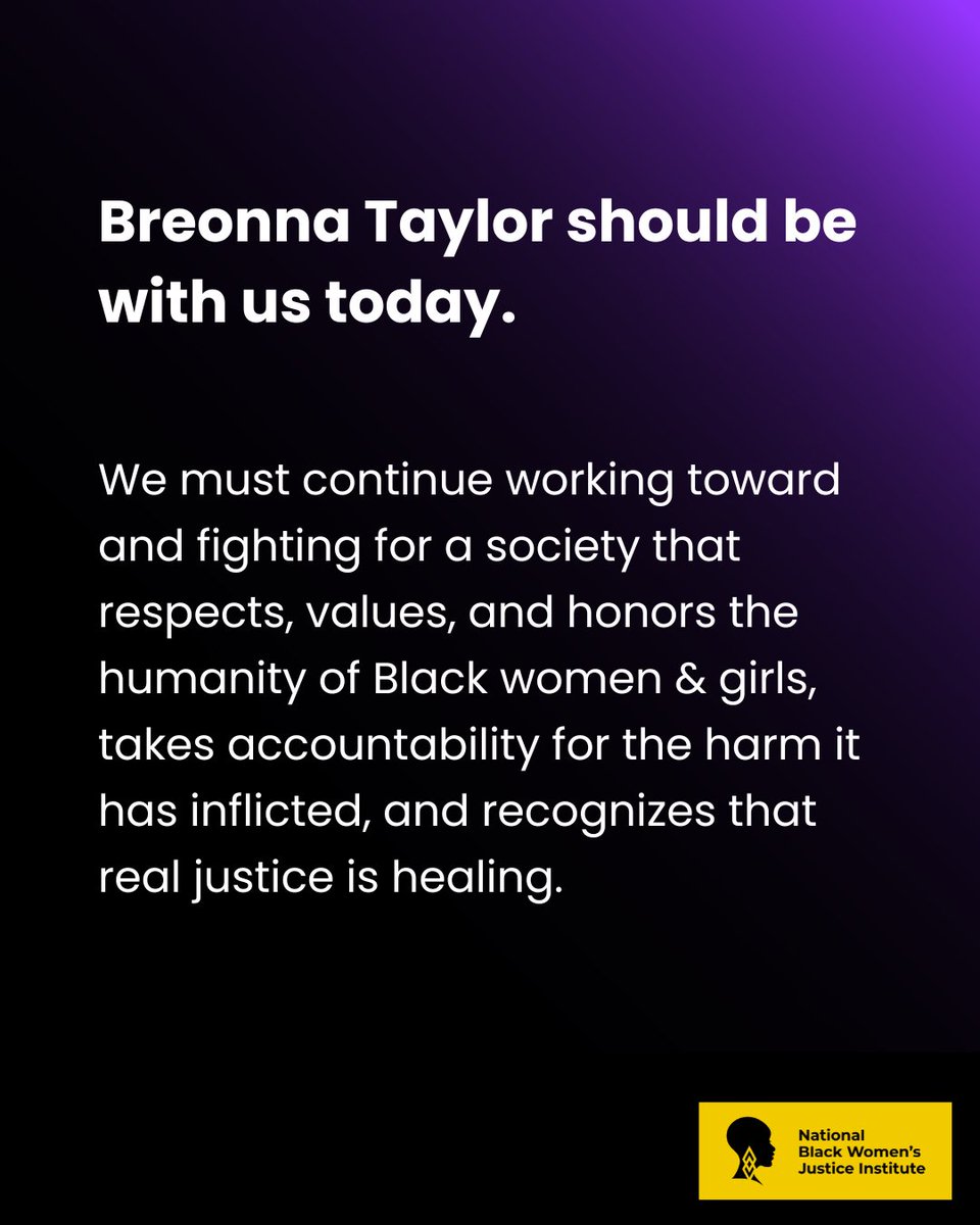 Breonna Taylor should be with us today. We must continue working toward & fighting for a society that respects, values, and honors the humanity of Black women & girls, takes accountability for the harm it has inflicted, and recognizes that real justice is healing. #sayhername
