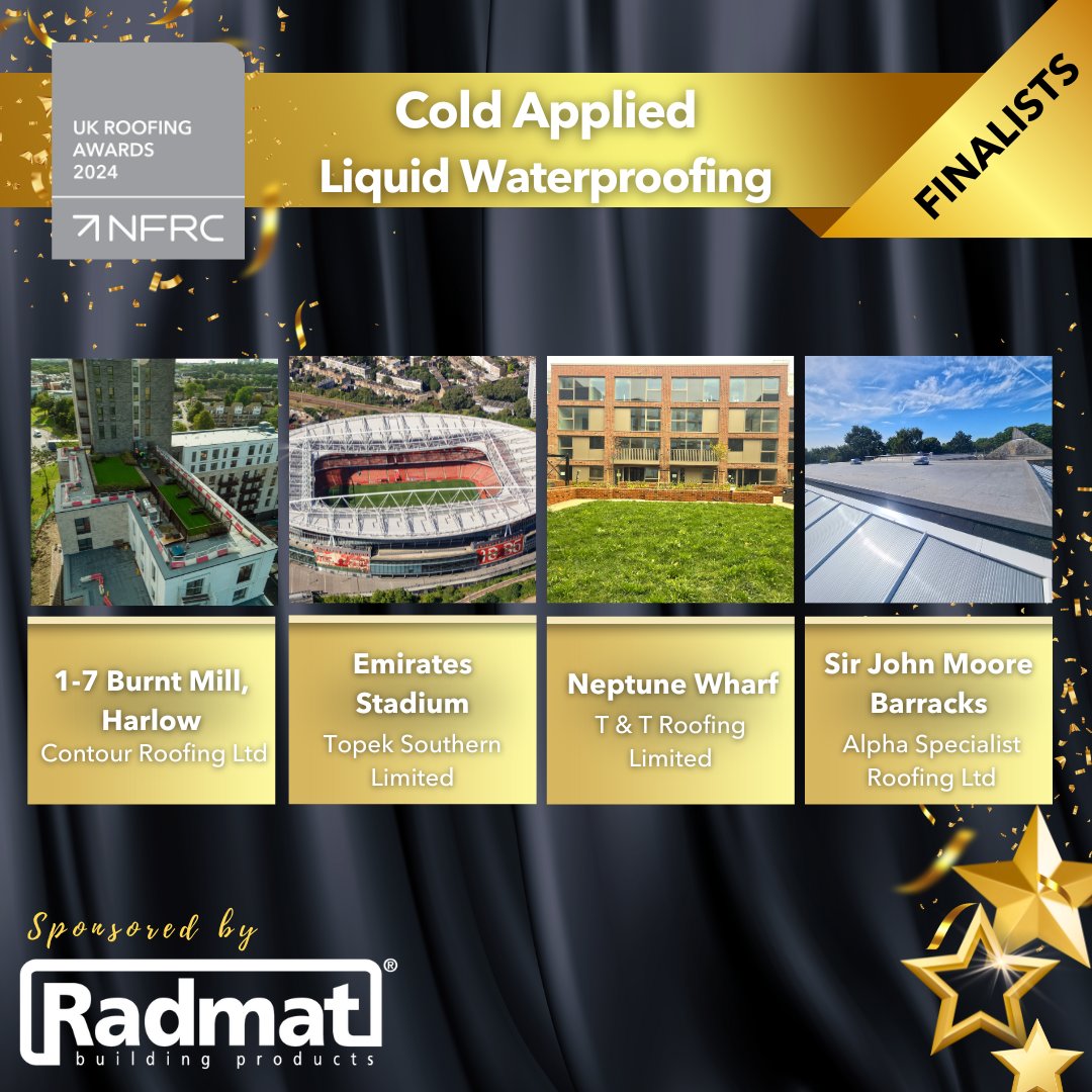 🎉 Here are the finalists in the Cold Applied Liquid Waterproofing category, sponsored by @radmatofficial 🌟@ContourRoofing 🌟 Topek Southern Limited 🌟 Alpha Specialist Roofing Ltd 🌟 @tandtroofingltd Good luck! #RA2024 #RoofingAwards2024