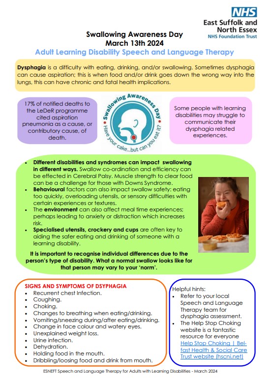 Almost 15% of people with a learning disability require support to eat and drink. It’s important that as SLTs we work with our nursing colleagues to identify, support and make modifications for safe eating & drinking. #SwallowAware2024