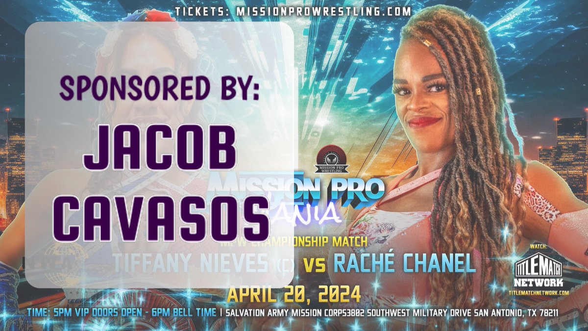 MissionProWres's tweet photo. HUGE THANK YOU to @DanteMA94 for sponsoring @RacheChanel at #MPWMania on April 20th!!
Watch on @TitleMatchWN
Tickets at https://t.co/Bieu5i7szO
Sponsorship Inquiries:
missionprowrestling@gmail.com
#AEWDymamite #WomensWrestling #MPW #MissionPro #MissionProWrestling https://t.co/dxwxjoo1ee