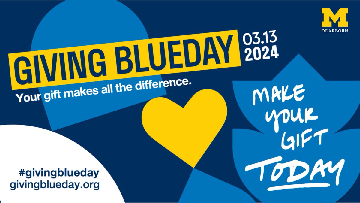 UMDearbornAlums's tweet photo. 🎉 Get ready, get set, go! Today is Giving Blueday at UM-Dearborn! 🌟 Your gift today supports education access and fuels the endless opportunities for tomorrow. Join us in making a difference. 

https://t.co/dQpNRq42Dd

#GivingBlueday #UMDearborn https://t.co/SlJudYwz4U