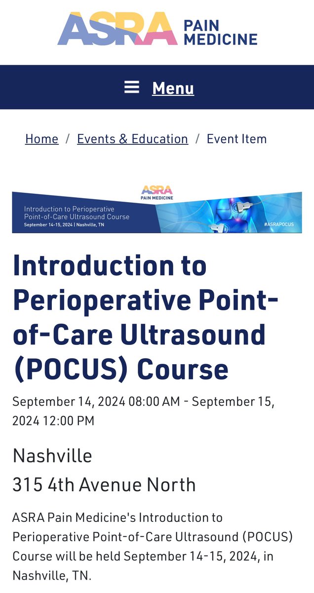 #POCUS
Blocks the dates: September 14-15!
Our @ASRA_Society next #ASRAPOCUS course will be In Nashville.
👉 asra.com/events-educati… @shaskinsMD @NarouzeMD @MKwesiKwofie @dr_melissabyrne @anesthesiadocmd @Nadia_Hdz_MD @KukrejaPromil @NibrasBughrara @pperezde @SuryakumarNara1