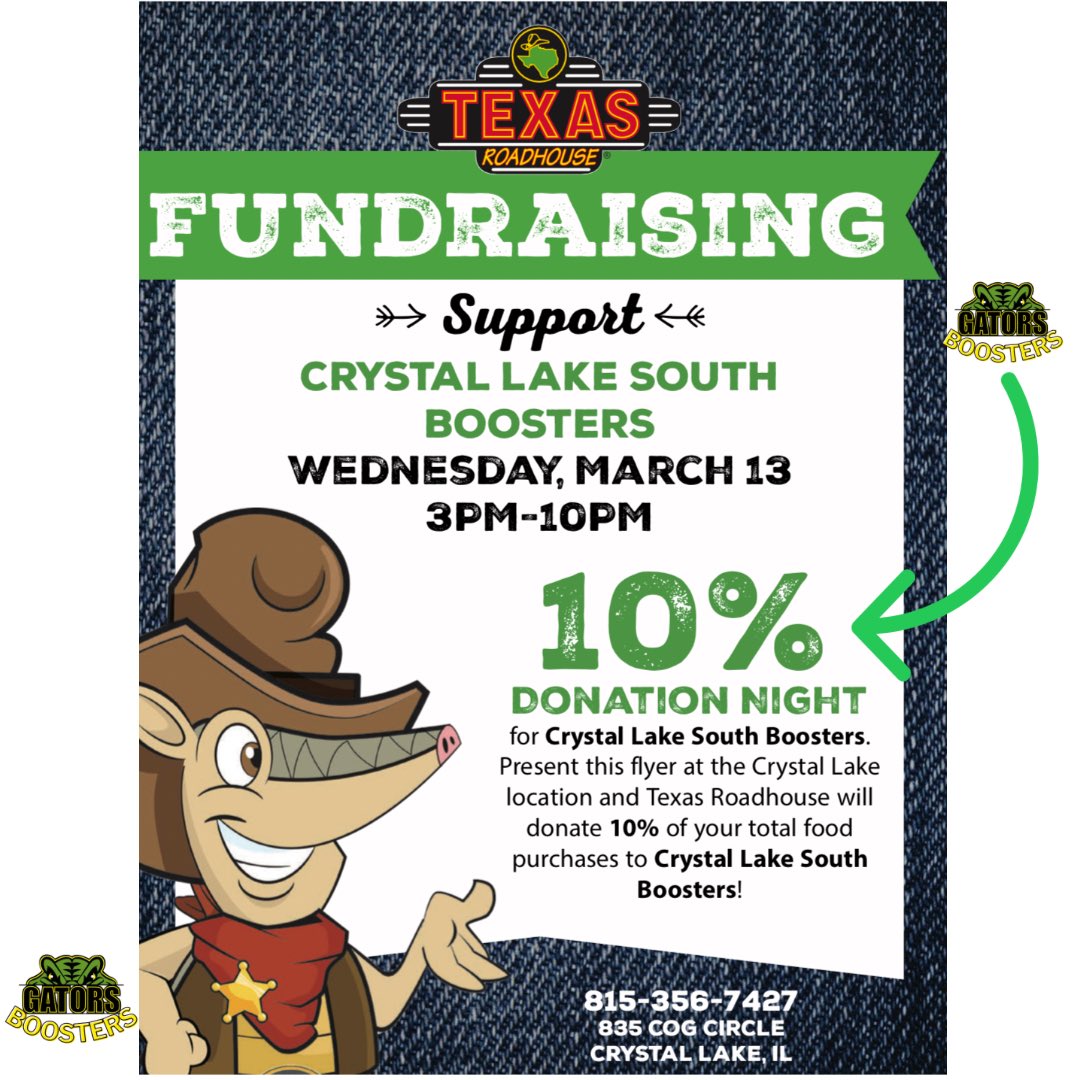 Texas RoadHouse 𝓕𝓾𝓷𝓭𝓻𝓪𝓼𝓲𝓷𝓰! 
Today!  March 13th 3pm-10pm 
#fundraising #fundraiser #crystallake #crystallakefood #crystallaketexasroadhouse #texasroadhouse #boosters #flier #supportlocal