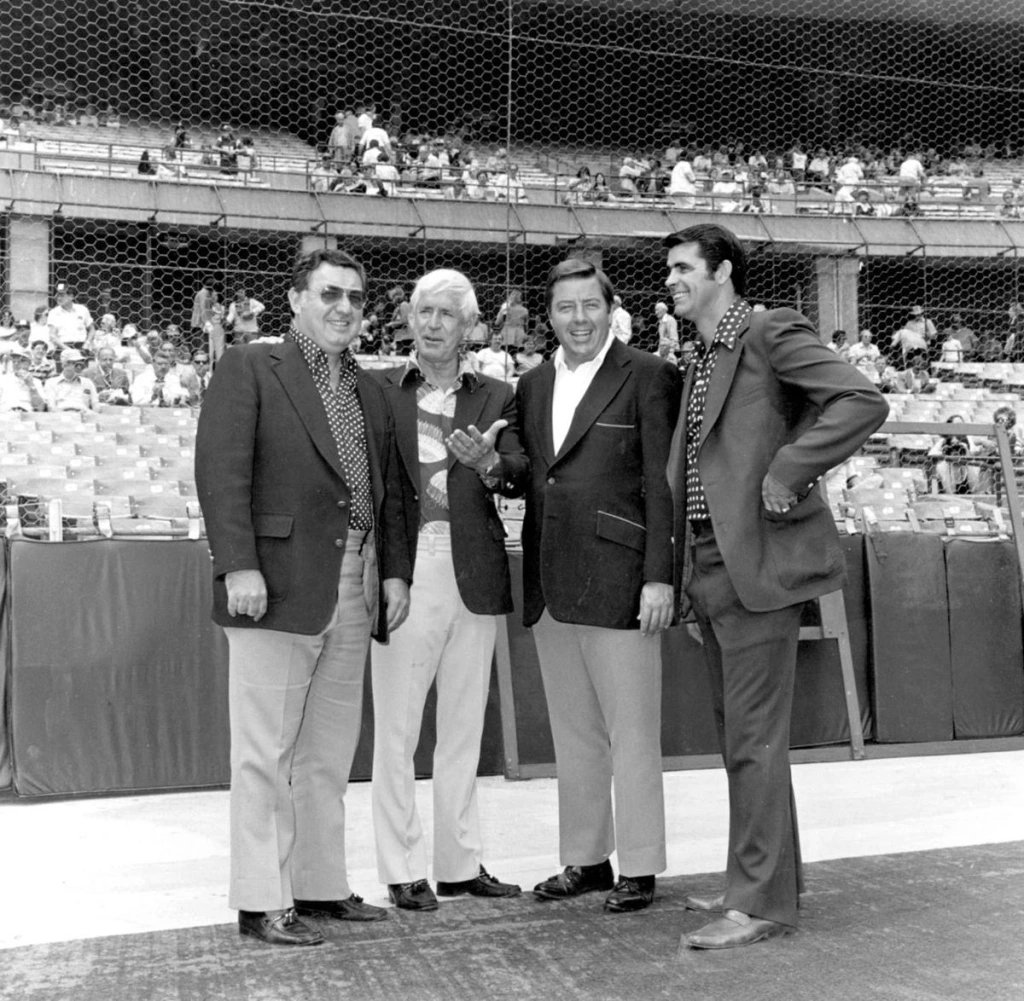 Bob Starr (left), with fellow Cardinals broadcasters Jack Buck, Jay Randolph, Mike Shannon, to Jackson (TN) Sun, 1978: "Most people place an athlete too high on a pedestal. They shouldn't let respect be confused with idolizing because they could be very disappointed."
