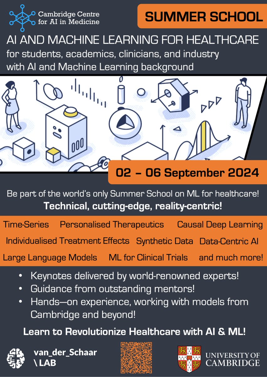 Join us for the @CC4AIM Online Summer School this September! Dive into ML & Healthcare with leading researchers. 🔍 Covering Advanced ML: Emphasis on LLMs, Causality, RL, Data-centric AI, and more. 🐦 Find out more & snag your Early Bird spot by 4 April: vanderschaar-lab.com/ccaim-ai-and-m…