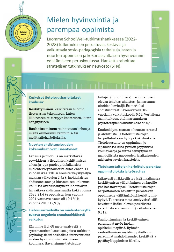Tietoisuustaidoista apua mielenterveyteen ja oppimiseen

📚Kävimme läpi 68 meta-analyysiä &amp; systemaattista katsausta, joissa tutkittiin psykologisia / sosiaalisia interventioita mielen hyvinvoinnin lisäämiseen kouluissa. Katsauksen tulokset tiivistettynä👇
helsinki.fi/assets/drupal/…