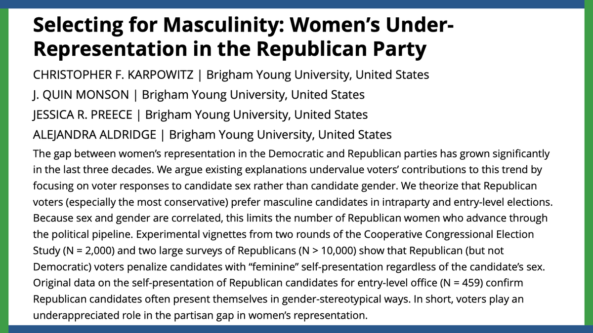 American Political Science Review (@apsrjournal) on Twitter photo <a href="/ProfKarpo/">Chris Karpowitz</a>, @quinmonson, <a href="/jrpjrpjrp/">Jessica Preece</a>, & <a href="/agimenez05/">Alejandra Gimenez Aldridge</a> argue that existing explanations of the partisan gender gap undervalue voters’ contributions by focusing on voter responses to candidate sex rather than candidate gender. #APSRFirstView.
ow.ly/3oOP50QP7Ja <a href="/ProfKarpo/">Chris Karpowitz</a>, @quinmonson, <a href="/jrpjrpjrp/">Jessica Preece</a>, & <a href="/agimenez05/">Alejandra Gimenez Aldridge</a> argue that existing explanations of the partisan gender gap undervalue voters’ contributions by focusing on voter responses to candidate sex rather than candidate gender. #APSRFirstView.
ow.ly/3oOP50QP7Ja