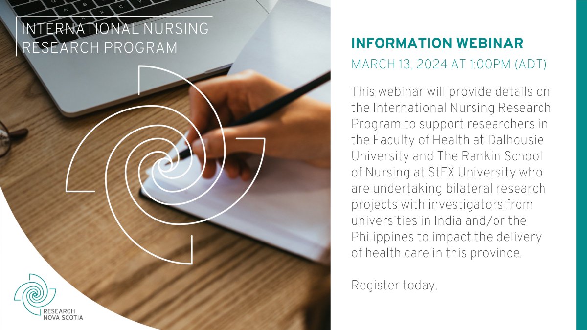 A webinar providing details on the International Nursing Research Program for researchers at @dalhealth and The Rankin School of Nursing at @stfxuniversity will be held TODAY, March 13, 2024 at 1pm (ADT). Register: researchns.ca/international-… @DalNursing @StFXAUT @DalhousieU