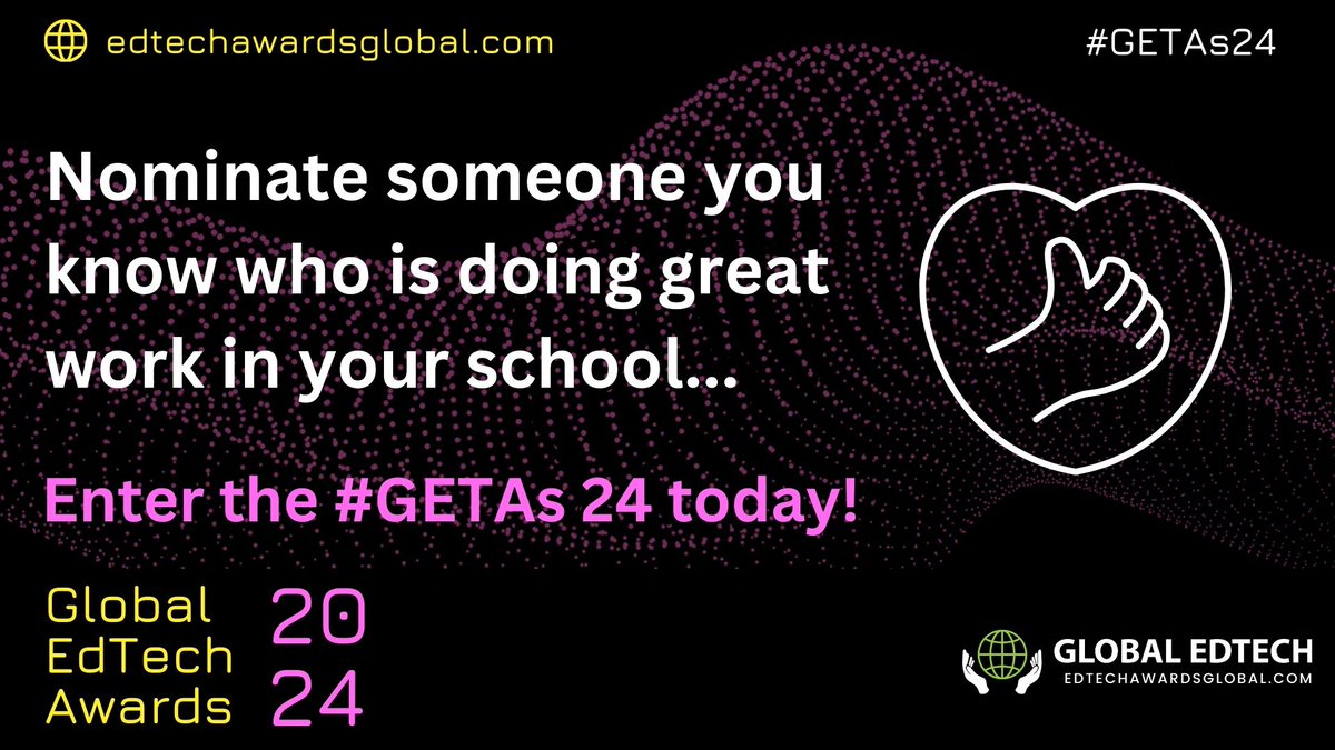We know that #educators, everywhere, are doing brilliant work in #schools. Here's the perfect opportunity to highlight those achievements with an award nomination!

Check out our school categories and submit your entries here: edtechawardsglobal.com

#GETAs24 #GlobalEducation