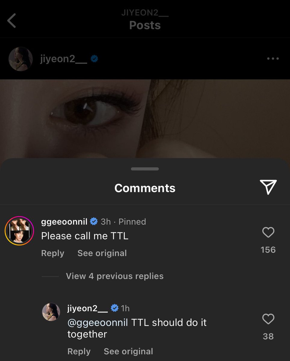 this is jiyeon and supernova geonil’s conversation in jiyeon’s recent ig post!! this just shows that they are up for the possible performance of ttl in mmtg. if you haven’t voted yet, please vote for ttl here 👉🏼 m.programs.sbs.co.kr/enter/hitsongs…