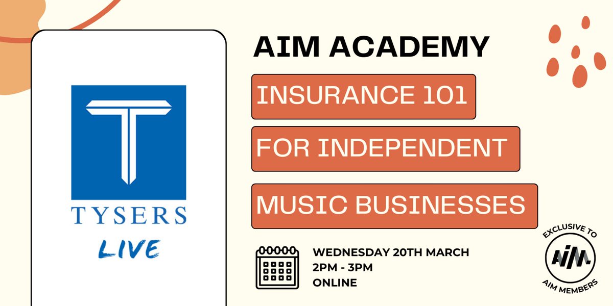 Tysers Live Senior Broker Henry Long will be hosting a #webinar for @AIM_UK Academy: #Insurance 101 for Independent Music Businesses. This event taking place Wednesday 20th March at 2pm is exclusive for AIM members & free to attend: : bit.ly/4a8vGe7 #MusicInsurance