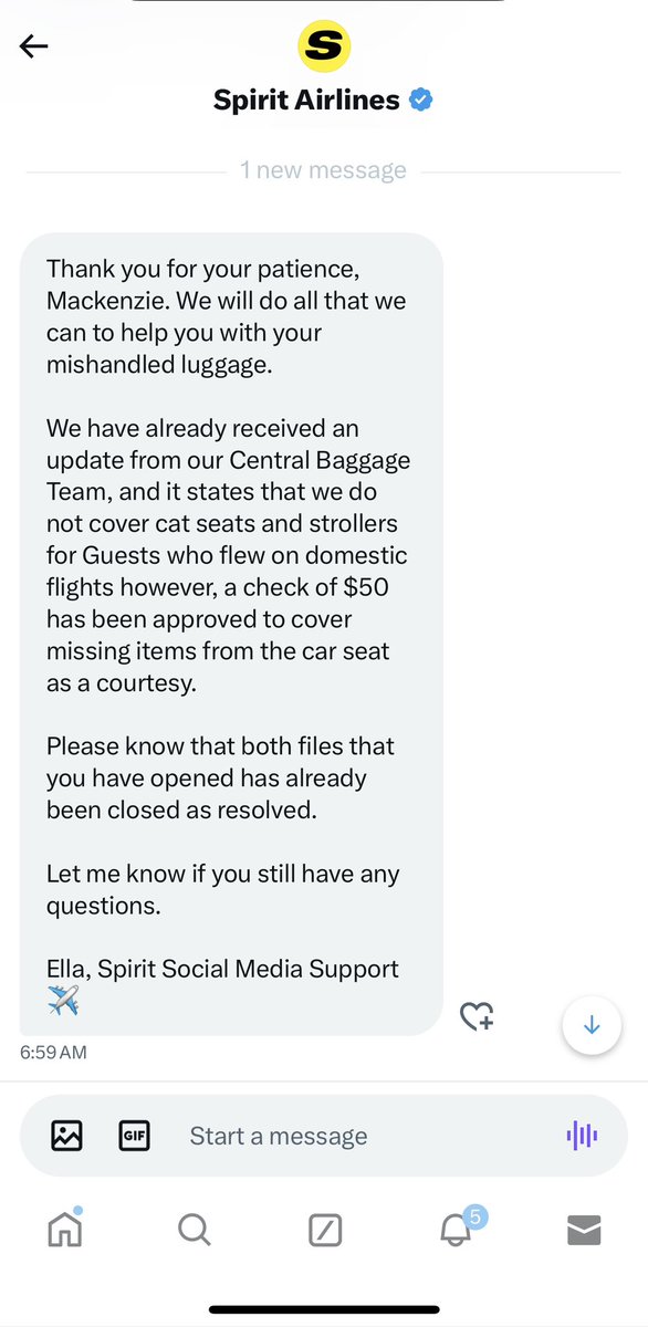 MickeyMomBlog's tweet image. Parent PSA: @SpiritAirlines will lose your checked infant carrier, dodge you for 3 months, and then proceed to tell you it’s not their policy to cover the cost of checked strollers or car seats that THEY LOSE. But hey, here’s a $50 courtesy check so you shut up! #spiritairlines