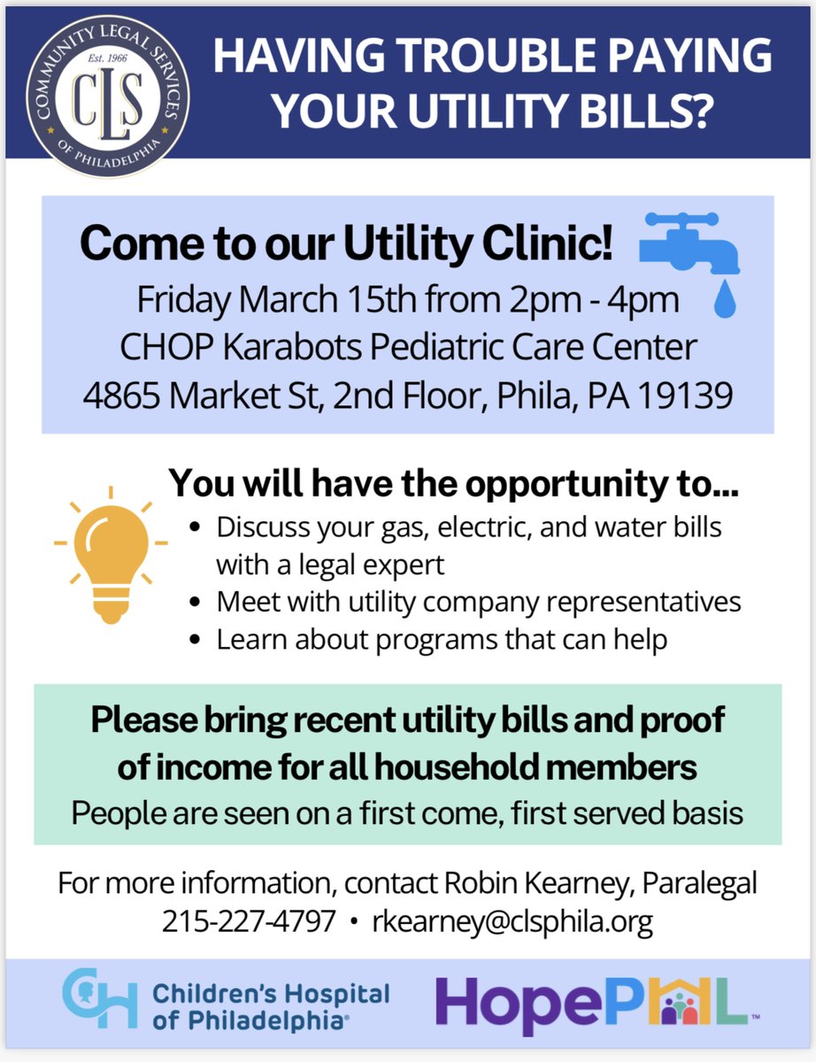 Having trouble paying your utility bills? Children’s Hospital of Philadelphia and HopePHL are hosting a Utility Clinic this Friday! Learn more in the flyer below. @hope_phl @ChildrensPhila