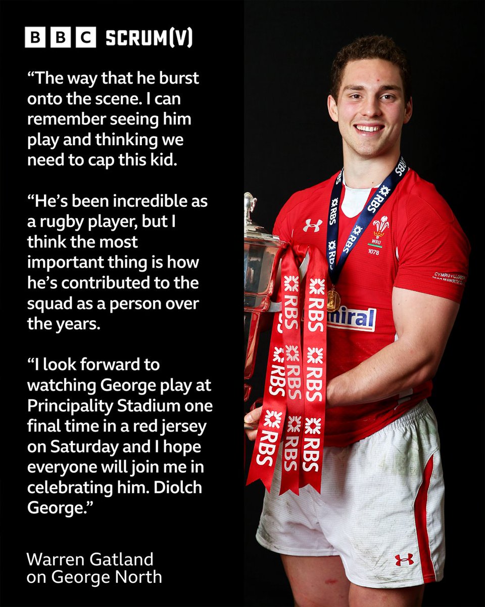 BBCScrumV's tweet photo. 🏴󠁧󠁢󠁷󠁬󠁳󠁿 "Diolch George."

High praise from Warren Gatland for George North 🗣

North will play his final game in a Wales jersey on Saturday.

#BBCRugby #SixNations https://t.co/fAn6ux2nNE