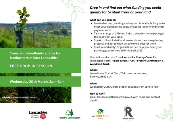 Thinking of planting some trees on your land? We can help! Next Wednesday we'll be at a drop-in session in Burnley with teams from @LancashireCC, @WoodlandTrust, and @ForestryEngland. Pop in for free advice and see if you could plant your very own woodland this winter!