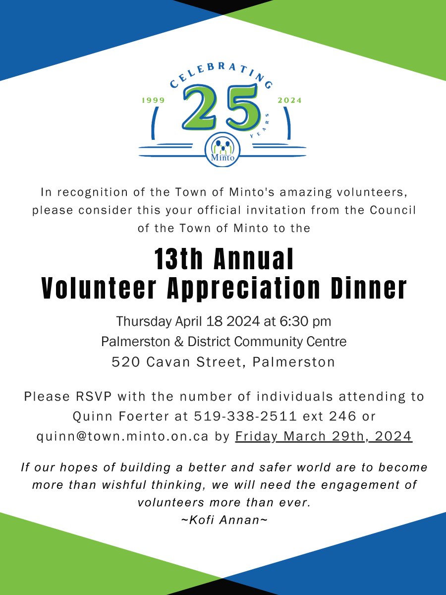 Calling all #Volunteers! Join us for our 13th Annual Appreciation Dinner on April 18th at 6:30pm in #Palmerston. 🙌💙Please RSVP on behalf of your community group with the number of individuals to Quinn at quinn@town.minto.on.ca by Friday, March 29th.
