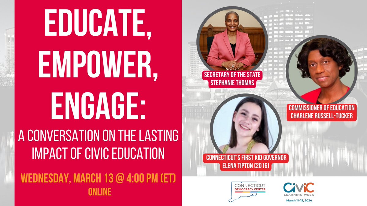 TONIGHT @ 4pm: 'Educate, Empower, Engage' with the first @CTKidGovernor Elena Tipton, @CTSOTS Stephanie Thomas, and Comm of @EducateCT Charlene Russell-Tucker about civic learning in CT! Tune in live: ow.ly/LGJ550QRSly #CivicLearningWeek #CivicLearningWeekCT @nationalCLW