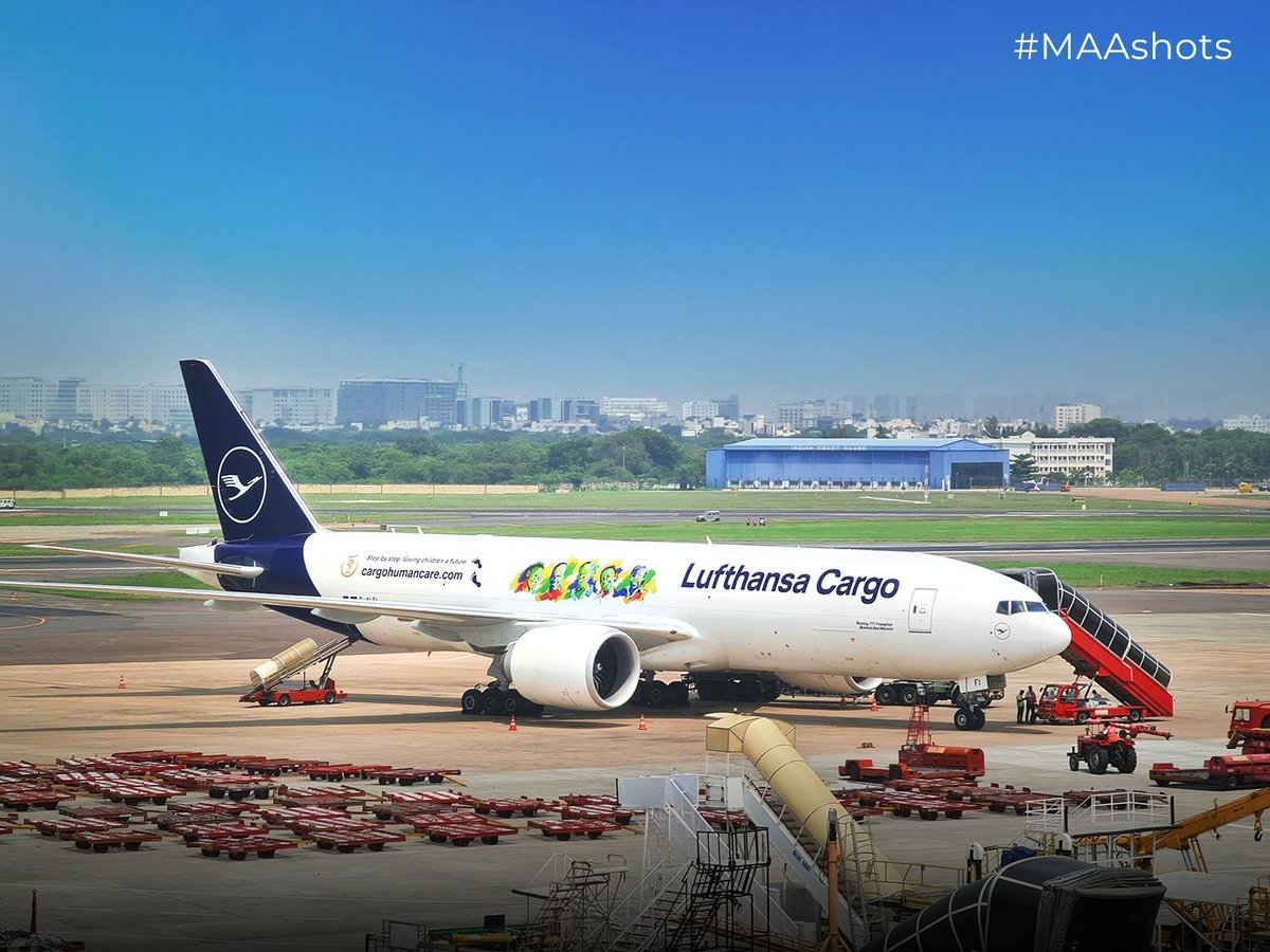 Adorned in the emblematic Cargo Human Care livery, the Lufthansa Cargo @lufthansa Boeing 777-F at the cargo apron area of Chennai International Airport. 

#ChennaiAirport #MAAshots #aviation #avgeeks #LufthansaCargo

@MoCA_GoI | @AAI_Official