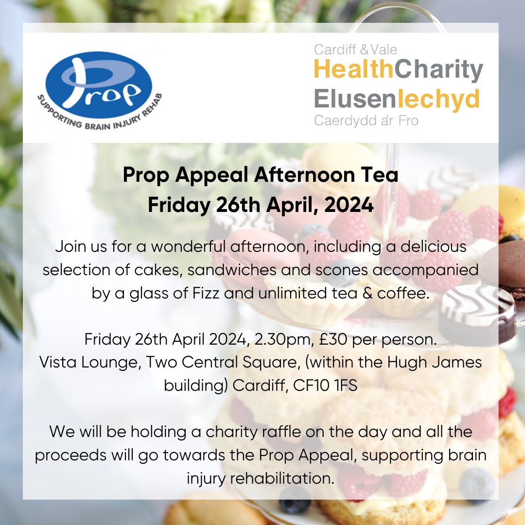 Please join us for the Prop Appeal Afternoon Tea! Friday 26th April, 2.30pm Tickets: healthcharity.wales/events/prop-af… #charity #propappeal #healthcharity #afternoontea #fundraising #braininjury #rehabilitation #abi #support