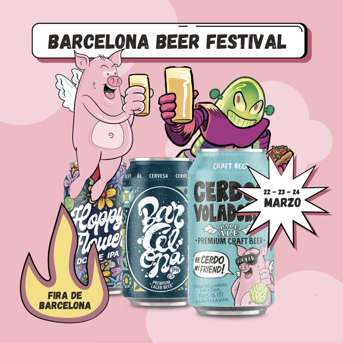 💥 @BcnBeerFest💥 🗓️Los días 22, 23 y 24 de marzo nuestros Cerdos Voladores te estarán esperando para que te tomes con ellos una Pale Ale, una Hoppy Flower o una Barcelona Lager. 🍺 🍻Nuestro stand estará lleno de cervezas de la mejor calidad, rodeado de una gastronomía 🔝