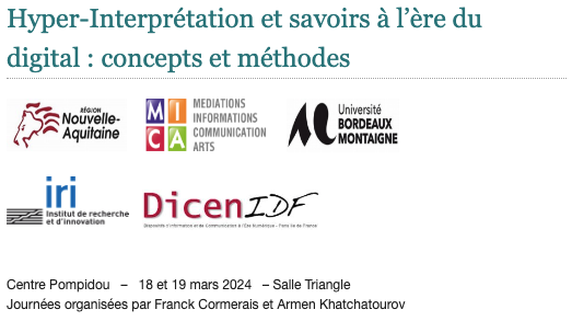 📢 Colloque Hyper-interprétation & savoirs à l’ère du digital 📚🖥️ 🗓️ 18-19 mars @CentrePompidou 🤝 En partenariat avec #HNCanevas 💡 Intervention de @michaelbourgatt sur l’annotation numérique comme hyper-interprétation de documents audiovisuels. Infos : bit.ly/48T4sal