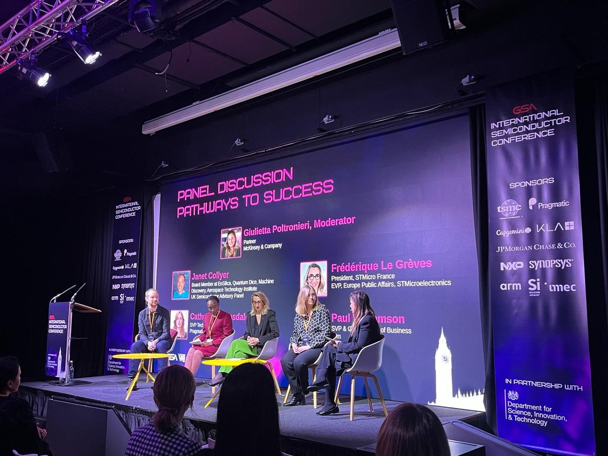 Great to see our SVP Technology, Catherine Ramsdale, on stage at the @GlobalSemi Alliance (GSA) UK event today as part of the WLI Women in Semiconductors panel discussion on Pathways to Success! #GSA #pragmatic #semiconductor