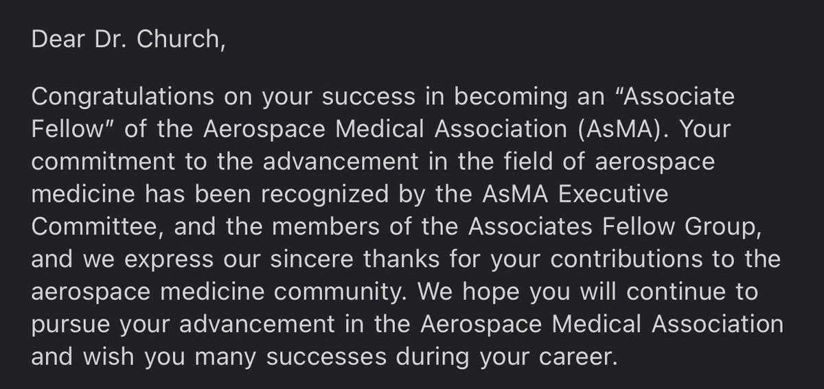 So so grateful to become an associate fellow of @Aero_Med ! Looking forward to being officially welcomed as an AFAsMA at the annual scientific meeting in Chicago this May 🥳