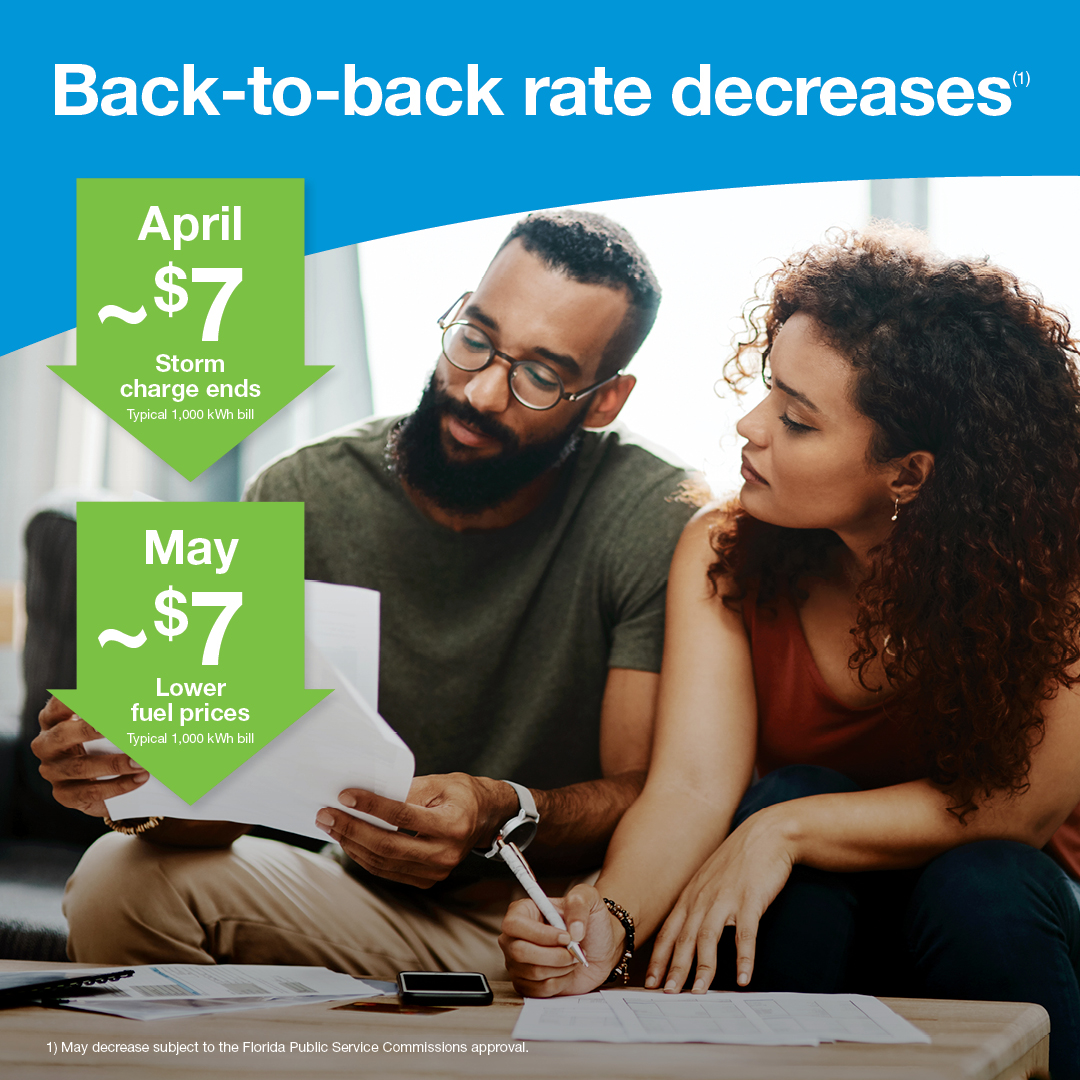Good news! Rates will decrease in April when a hurricane surcharge ends. We’re proposing lower rates in May, too, due to lower fuel prices. If approved, it means a typical 1,000-kWh residential bill would be more than $14 lower in May than it is today. You can make your bill
