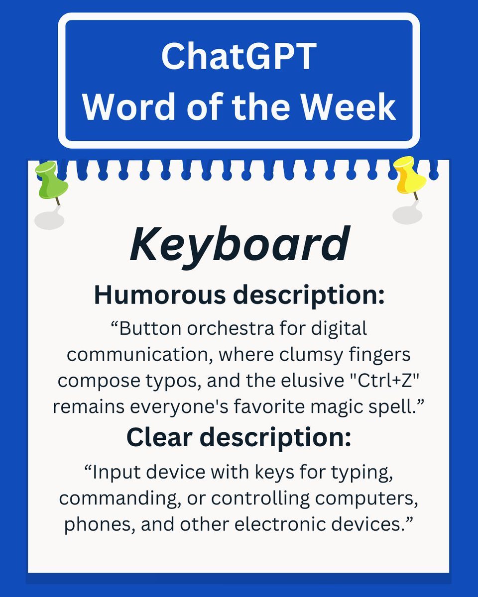 Word of the Week 36
It’s WOTW time, where we ask ChatGPT to describe a word humorously & descriptively. Our word this week is ‘keyboard’.

What’s your favourite keyboard shortcut?

#WorcestershireHour #ChatGPT #WOTW #Worcestershire #Worcester #ITsupport #keyboardshortcut #Ctrl+Z
