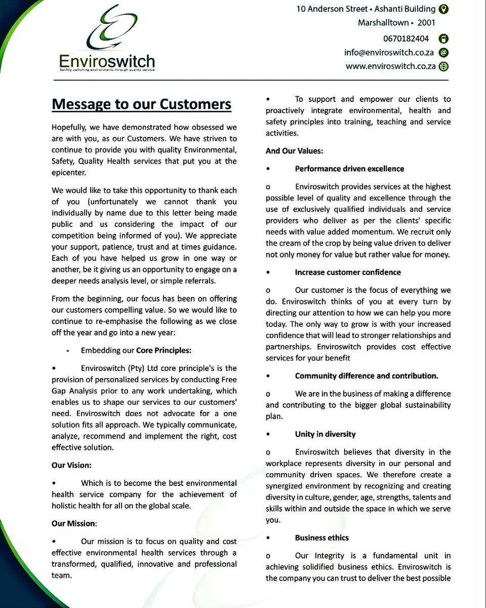 EnviroswitchSA's tweet photo. A message to our beautiful customers, we appreciate you &amp; thank you for believing in us #bigenoughtodeliver #smallenoughtocare #SwiftlySwitchingEnvironmentsThroughQualityService #environmentalhealth #Entrepreneurship #foodsafety #ohs #pestcontrol #Hygiene #WasteManagement https://t.co/34iOXFGDzs